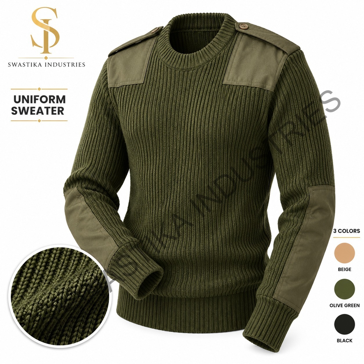 Military Crew Neck Sweater With Reinforced Shoulder Panels - Color: Beige
