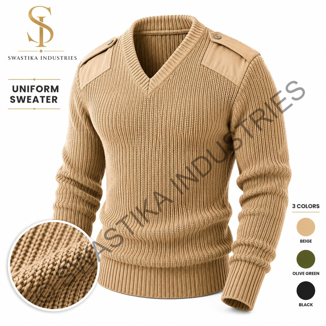 Military Rib Knit Uniform Sweater With Shoulder Epaulettes - Color: Beige