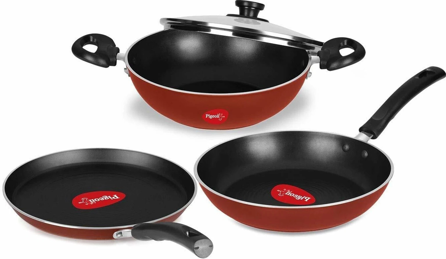 Pigeon Vita 4 Pc Induction Base Non Stick Cookware Set - Color: Black With Red Accents