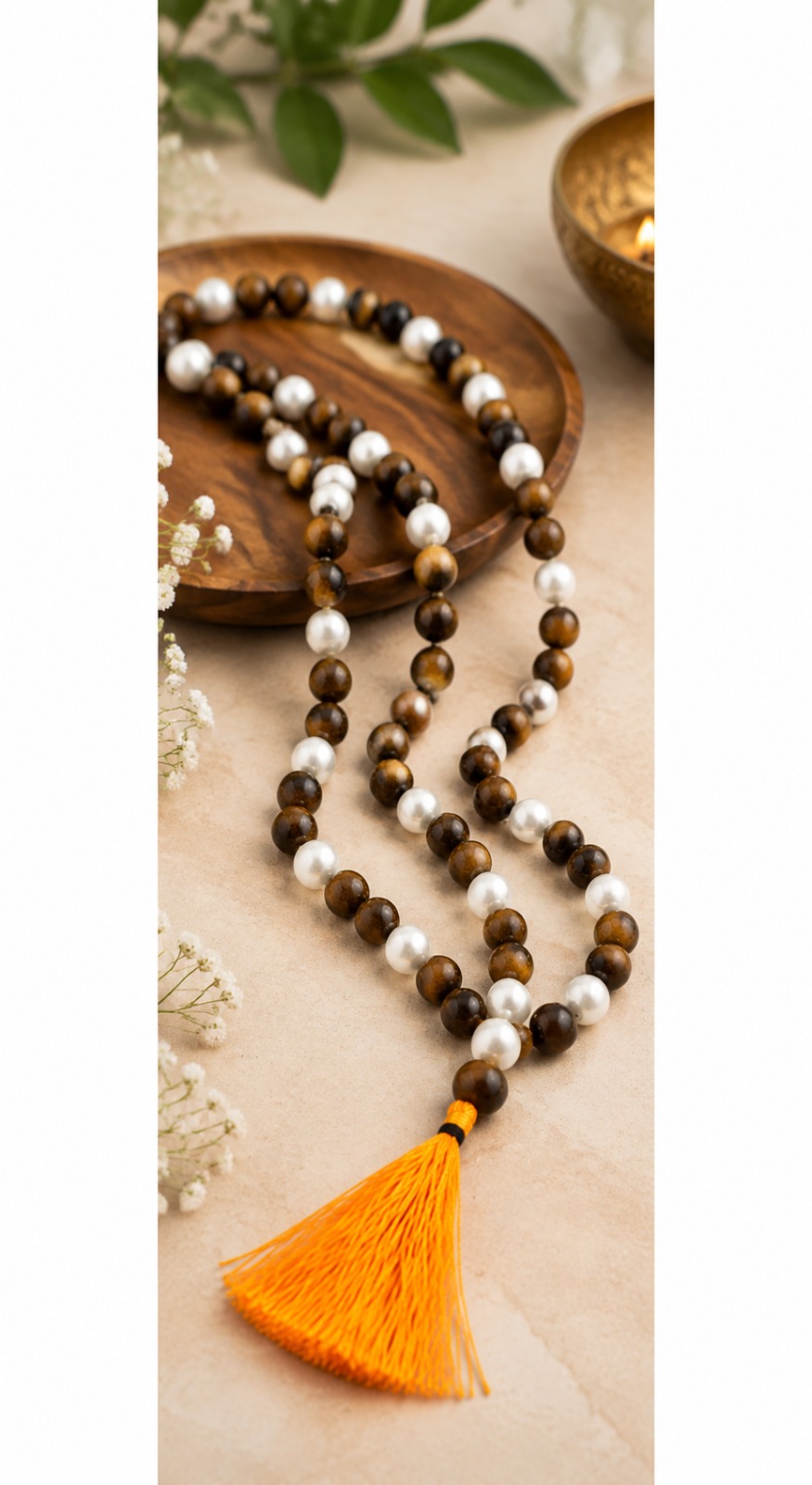 Magnetic Tiger Eye Mala with White Moti