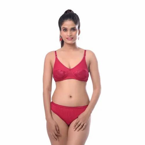 Women Red Color Bra Panties Set - Cotton, Various Sizes, Plain, Non-Padded | Lightweight, Soft, Breathable, Comfortable Fit