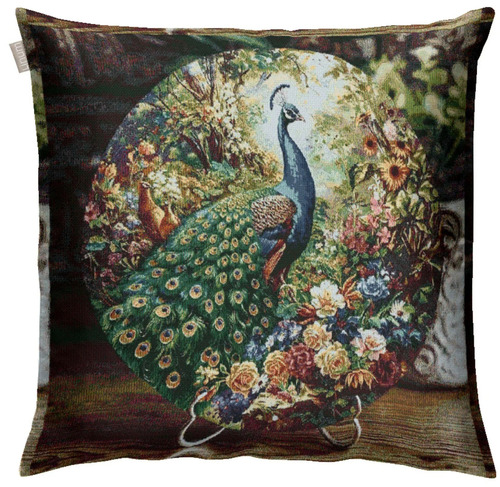 Peacock Printed Polyester Woven Cushion Cover