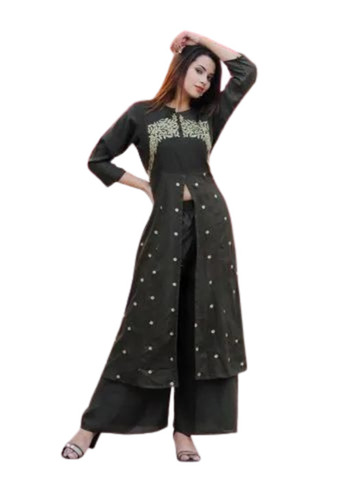 Black Round Neck Embroidered Cotton Kurti