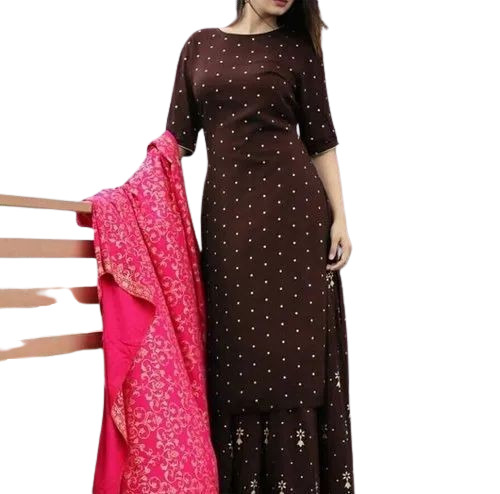 Brown Boat Neck Dot Printed Cotton Kurti