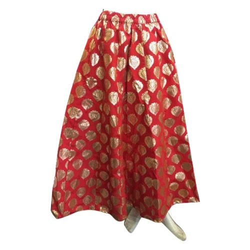 Casual Skirts - Soft Silky Fabric, Extended Length, Red & Golden, Lightweight, Printed Pattern