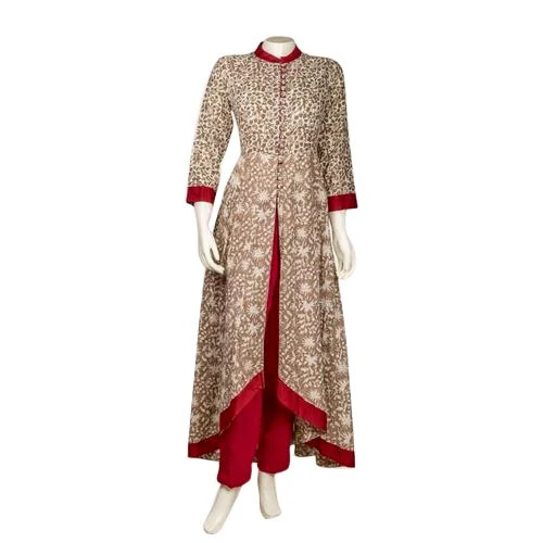 Fashionable Ladies Kurtis - Cotton Brown & White, 3-4th Sleeve, Regular Fit, Machine Stitched, Breathable, Anti Wrinkle, Quick Dry