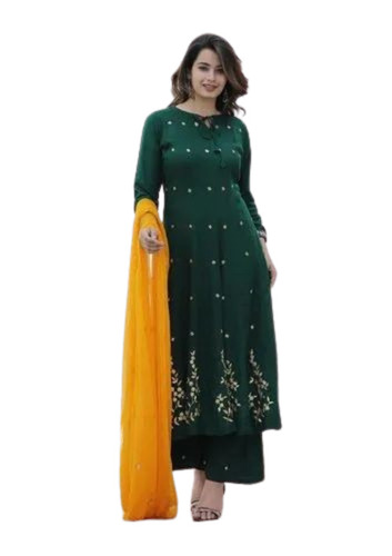 Green Embroidered Boat Neck Cotton Kurti - Design: Standard