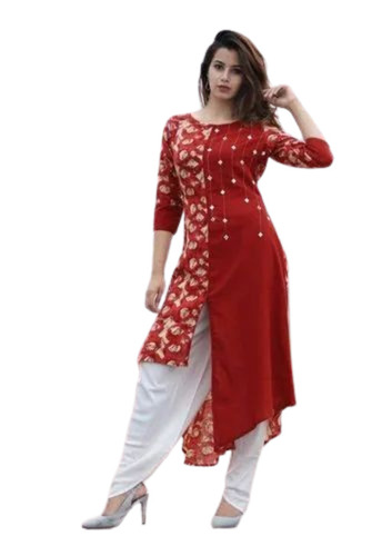 Red Round Neck Designer Cotton Kurti
