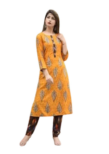 Yellow Round Neck Printed Cotton Kurti