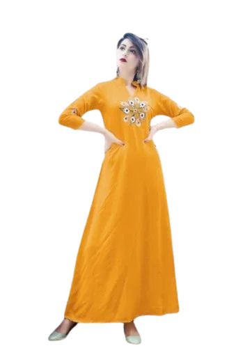 Yellow V Neck Rayon Ladies Kurti