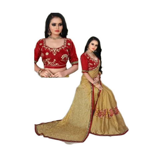 Embroidered Georgette Saree - 5.50 Meter, Beige, Soft Smooth Texture, Crease Resistant | Lightweight, Breathable, Traditional Style