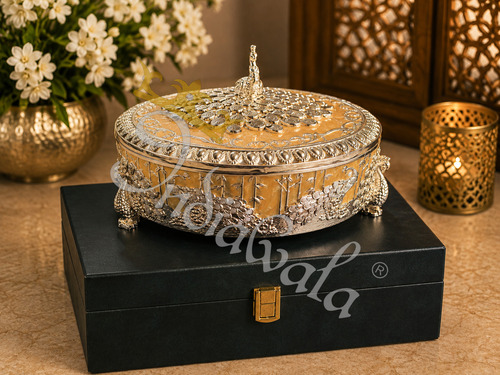 Elegant German Silver Dry Fruit Box 9 Inch with Leather Box
