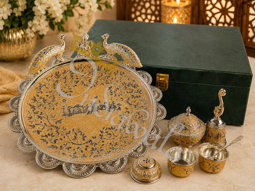 German Silver Ganesh Pooja Thali 12.5 Inch with Leather Box
