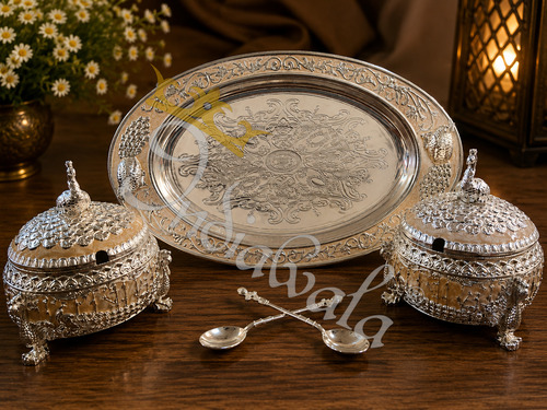 Indiawala Premium German Silver Bowl Set with 14 Inch Tray in Leather Box