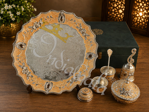 Premium 12 Inch German Silver Pooja Thali In Leather Box