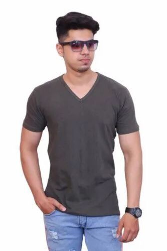 Mens Grey Half Sleeve V Neck T Shirt