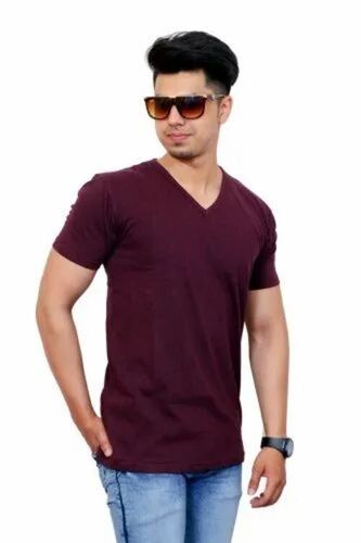 Mens Maroon Half Sleeve V Neck T Shirt