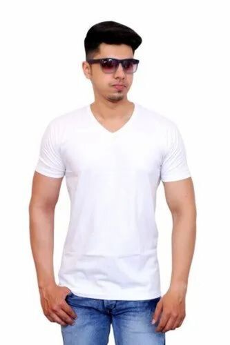 Mens White Half Sleeve V Neck T Shirt