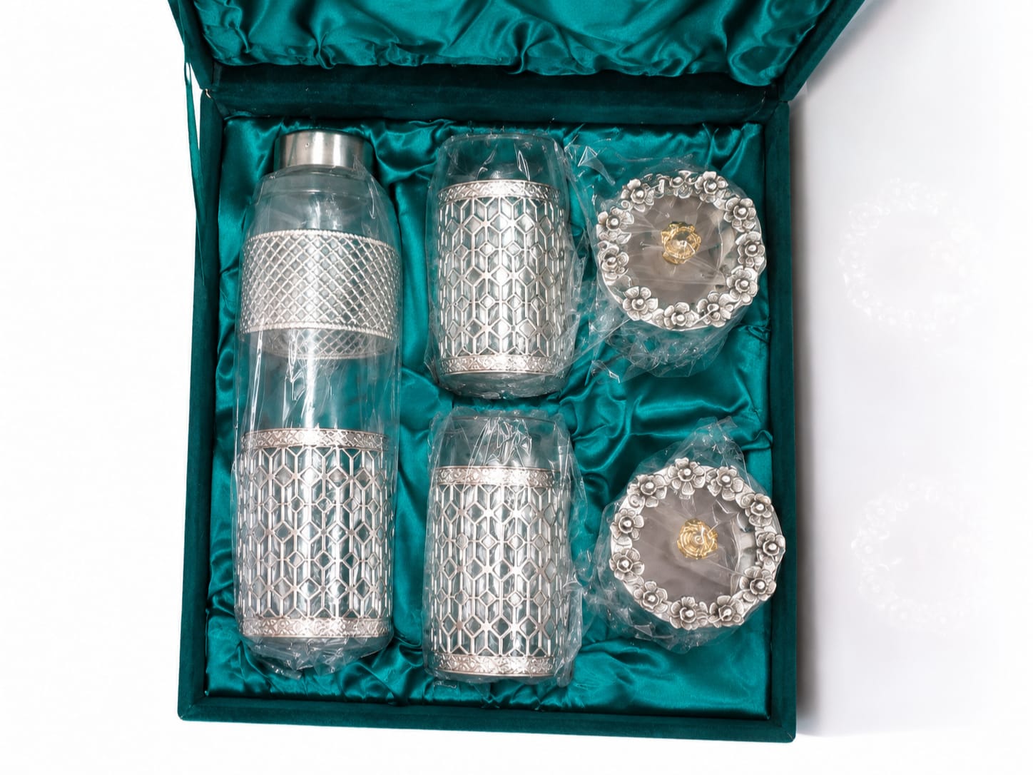Silver Plated Glass Water Bottle Set With 2 Glasses Gift Box
