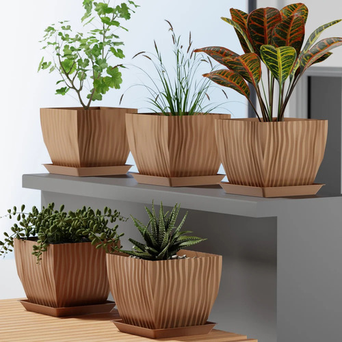Wood Texture Square Plastic Flower Pot with Tray