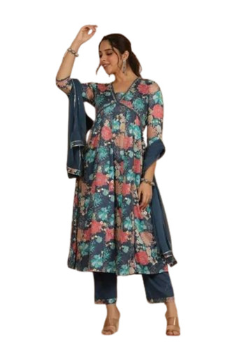 Blue Cotton Anarkali Kurti Pant Set