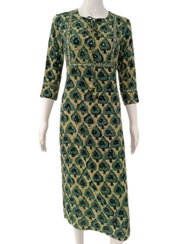 Ladies Olive Green Cotton Printed Kurti