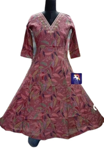 V Neck Dark Peach Printed Cotton Kurti