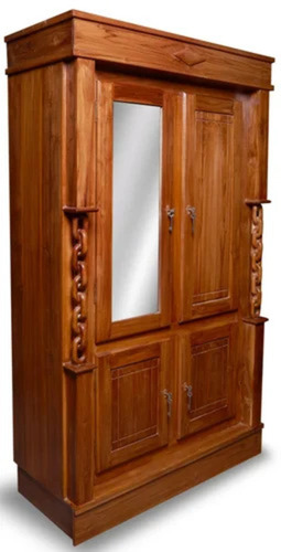 Brown Wooden Almirah - Solid Teak Wood, 2 Hinged Doors, Polished Brown | Durable Home Furniture, Mirror Included