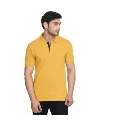 Yellow Half Sleeves Plain Polyester Mens Polo Neck T-Shirt