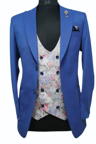 Royal Blue Italian Printed Brocade Vest Men Suit