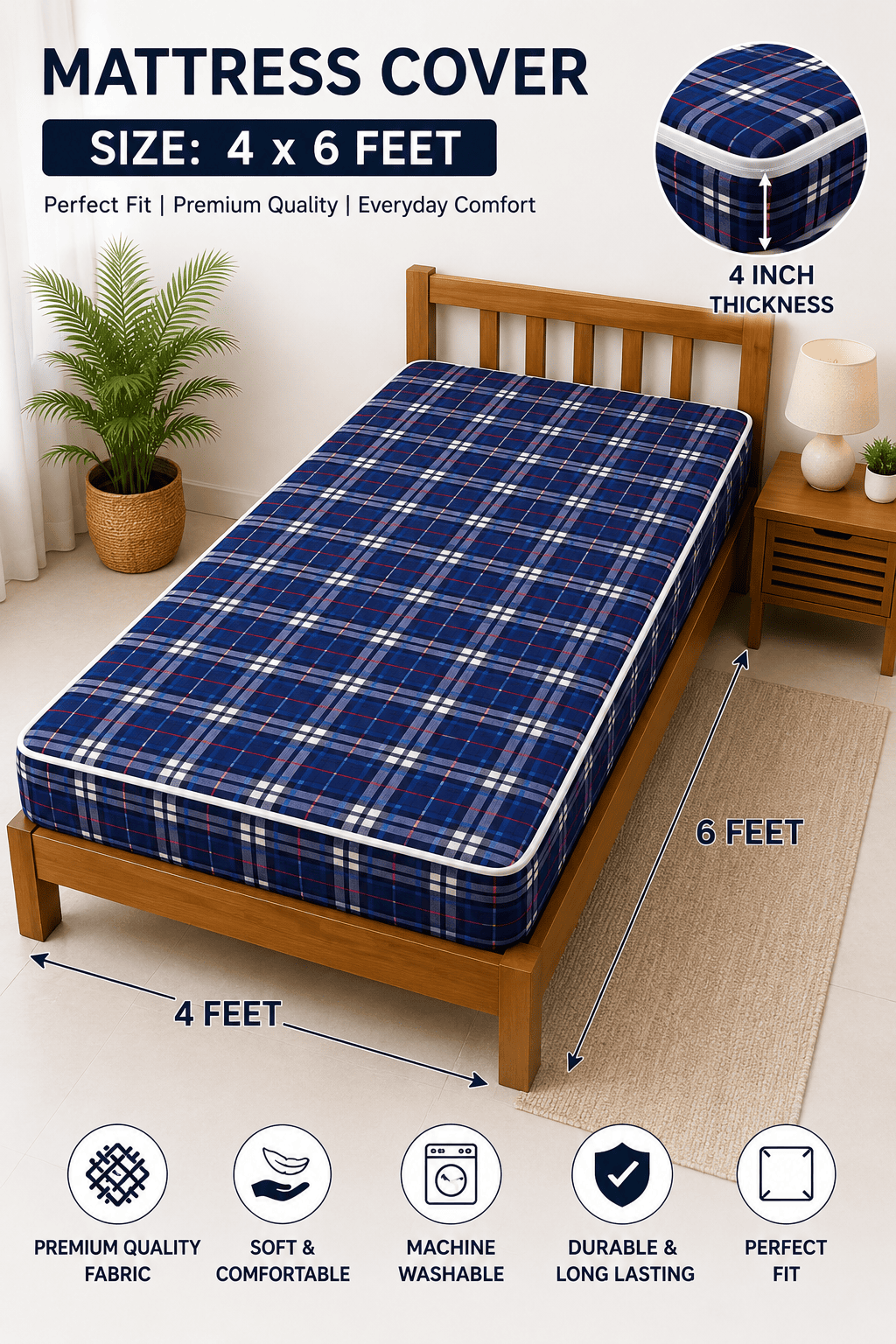 4*6 Feet Mini Check Mattress Cover - Color: Black