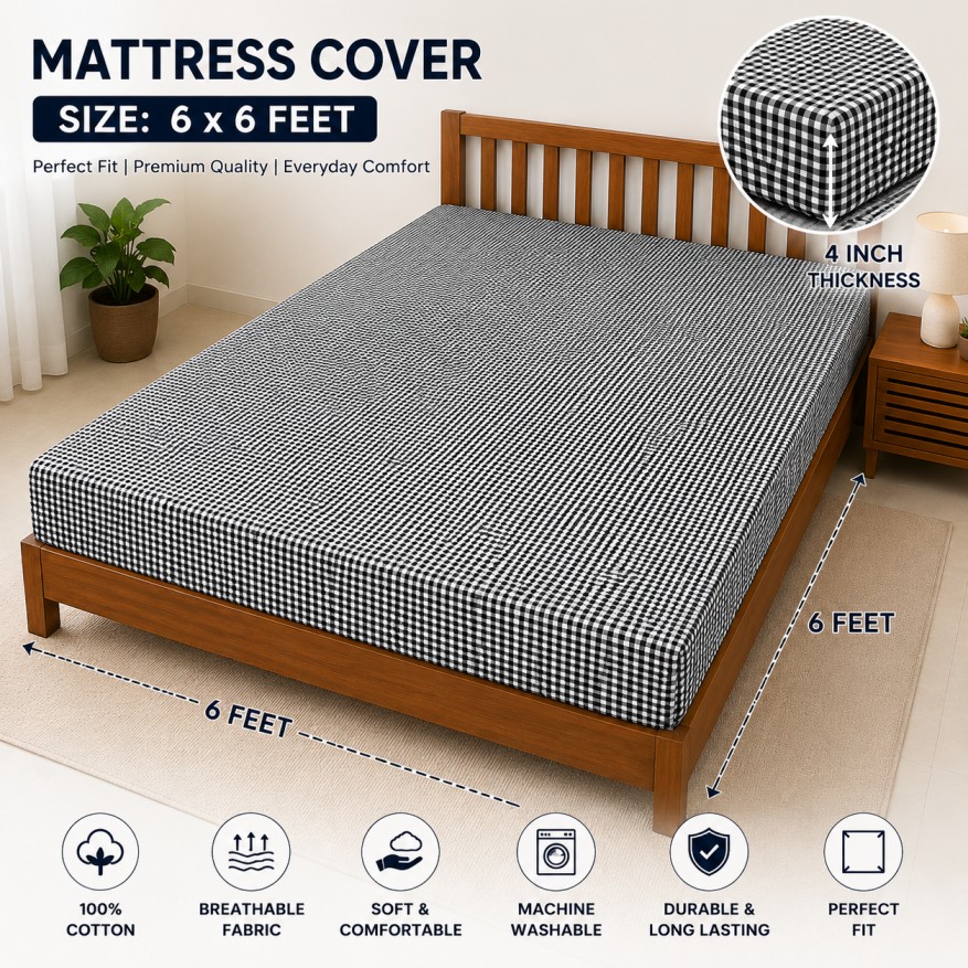6*6 Feet Check Mini Mattress Cover - Color: Black