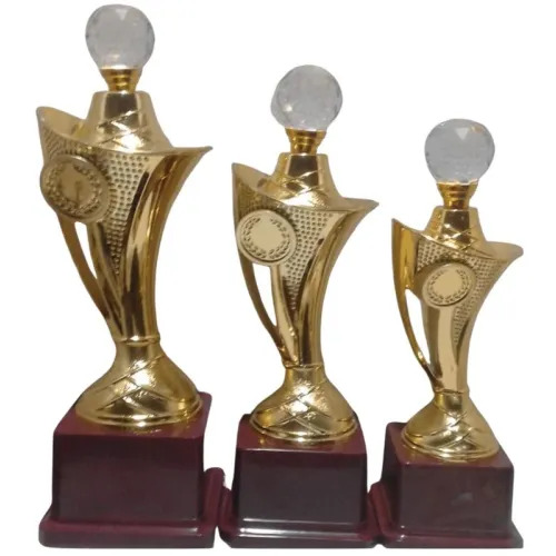 Gold Plated Metal Award Trophy With Wooden Base