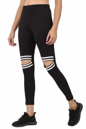 Women Polyester Black Knee Cut Jegging