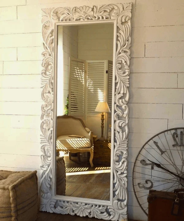 Handcrafted White Distressed Wooden Mirror Frame - Design: Hand Carved