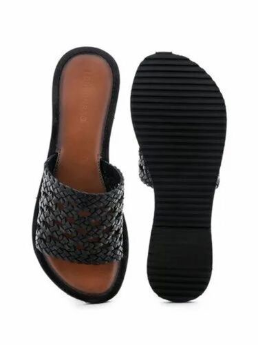 Ladies Black Woven Open Toe Flat Sandal