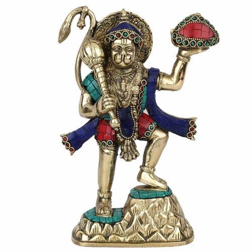 Brass Hanuman Statue Carrying Mountain Fine Stone Work