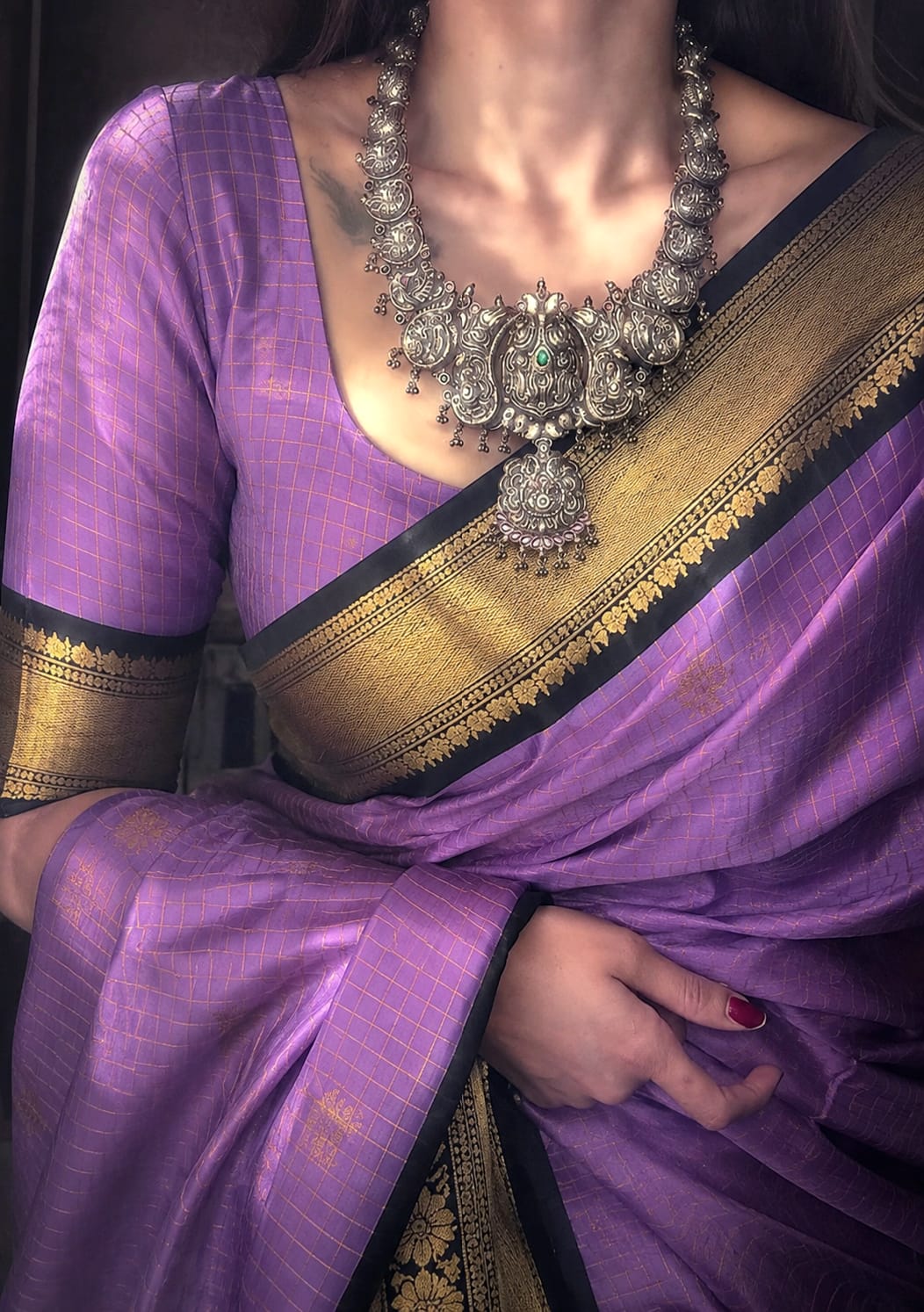Lavender Check Banarasi Silk Saree