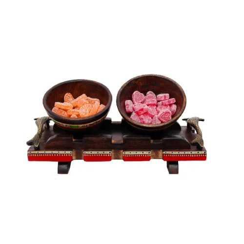 Fish Handle Wooden Tray With 2 Bowl Set
