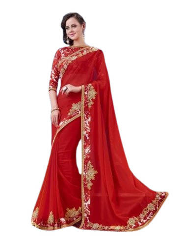 Heavy Embroidered Work Saree - Color: Red