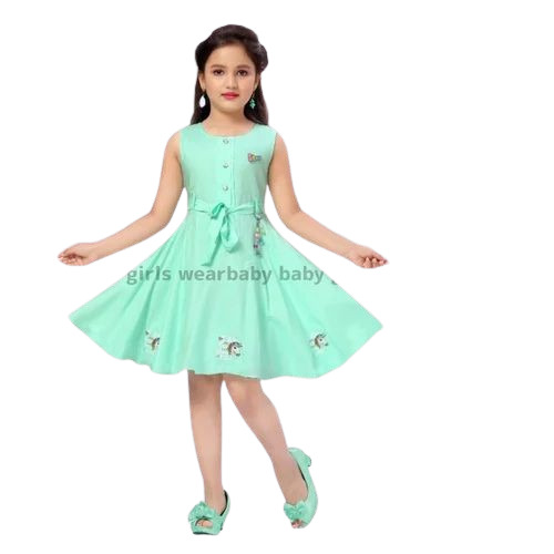 Girls Mint Green Color Casual Cotton Frock