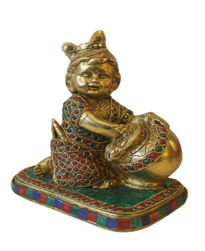 Brass Makhan Krishna Statue With Stone Work