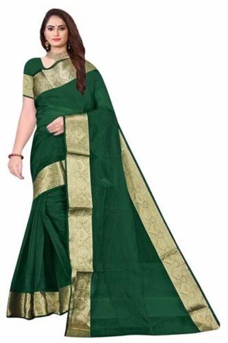 Ladies Dark Green Organza Saree - Lightweight Soft Fabric, Regular Fit, Party Wear | Comfortable Breathable Opaque Design