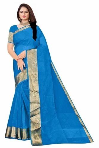 Ladies Light Blue Organza Saree With Blouse Piece - Lightweight, Soft, Comfortable, Breathable, Regular Fit Party Wear