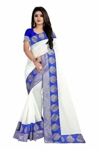 Ladies Party Wear Saree - Chanderi Silk, 5.5m, White and Blue | Elegant Design, Comfortable Fit