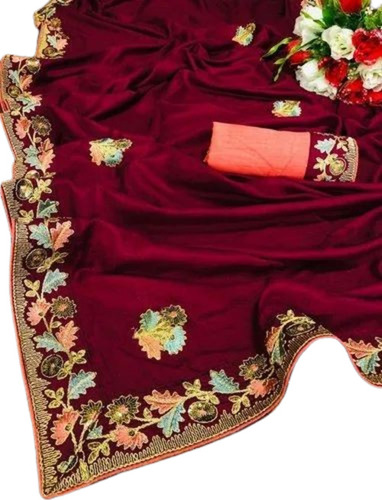 Maroon Embroidered Silk Saree