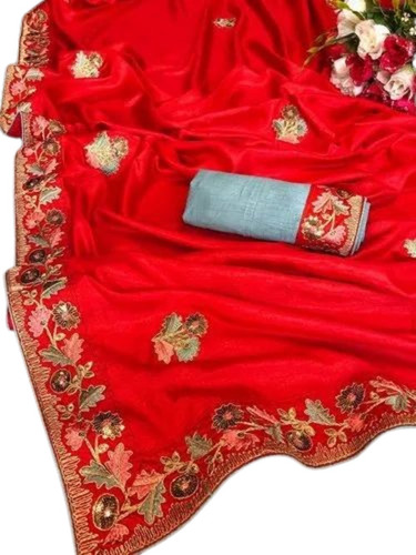 Party Wear Embroidered Silk Saree - Silk, 6m, Orange | Lightweight, Soft, Breathable, Comfortable Fit