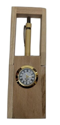 Wooden Pen Stand With Table Clock