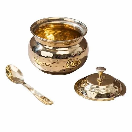 250ml Pure Brass Ghee Pot With Lid And Spoon Pooja Items