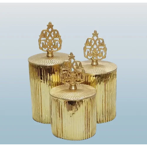 Decorative Line Glass Jar Golden Finish With Metal Lid - Usage: Home Daccor